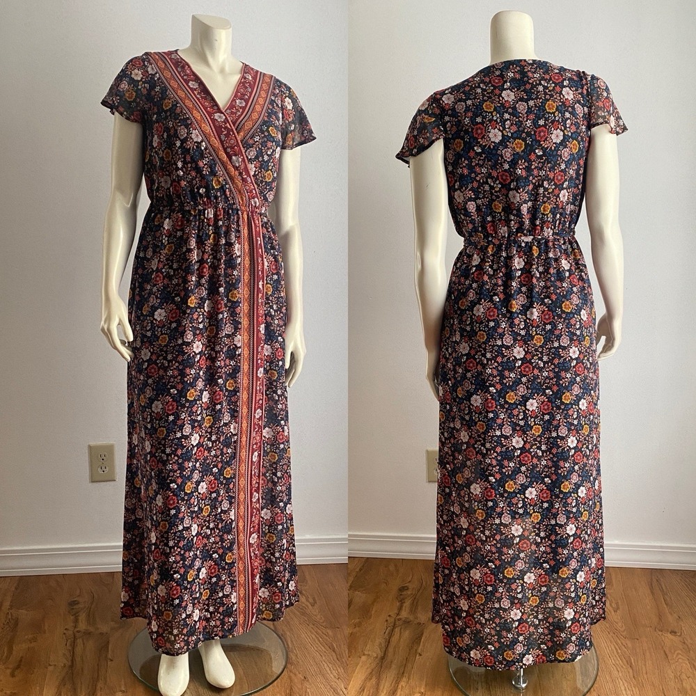 Xhilaration Dress Maxi Faux Wrap Boho/ Navy Abstract Print W/ Belt Large